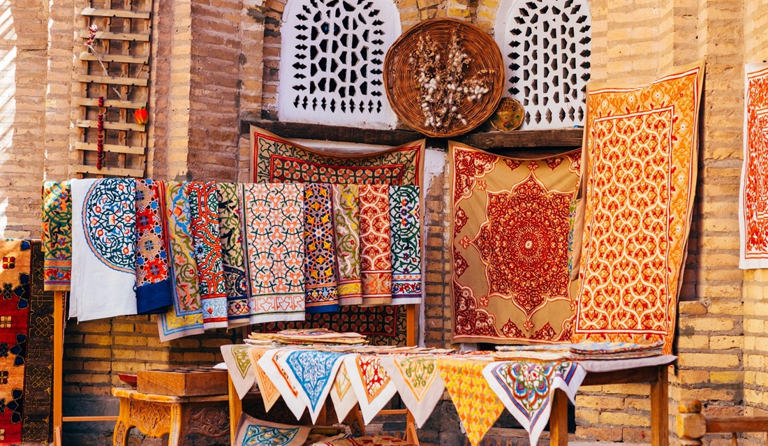 Carpets and silk scarves for sale in Khiva