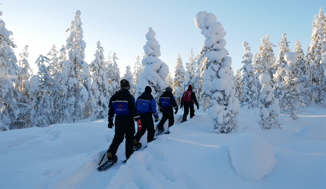 Everyone tries snowshoeing through the frozen forest