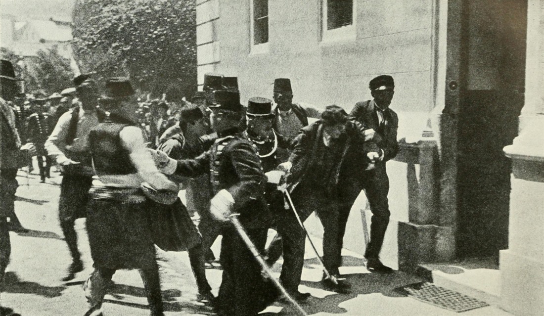The arrest of Gavrilo Prinzep following the assassination of Archduke Franz Ferdinand and his wife Sophie, 28 June 1914