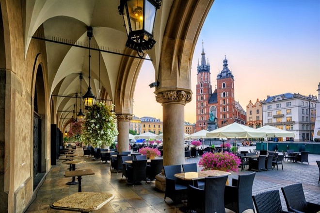 St Mary's Basilica and Main Market Square in Krakow, at sunrise