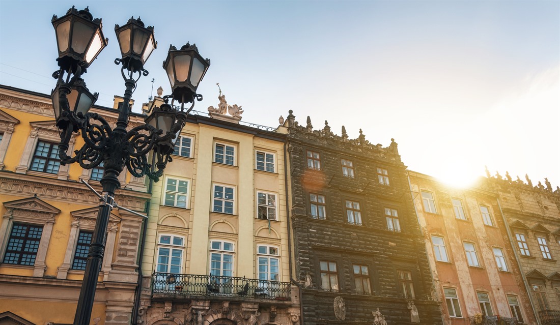 Morning sun on the streets of old town Lviv