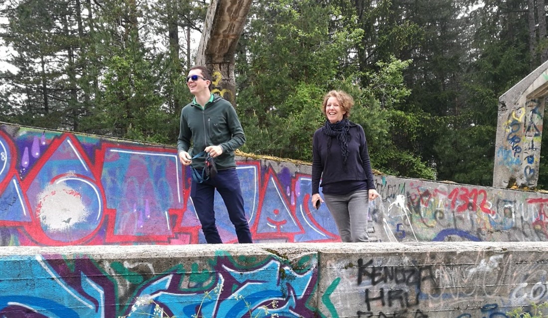 Carole with her guide at the Olympic bobsleigh track