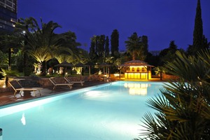 Pool at night at the Rogner Hotel Tirana