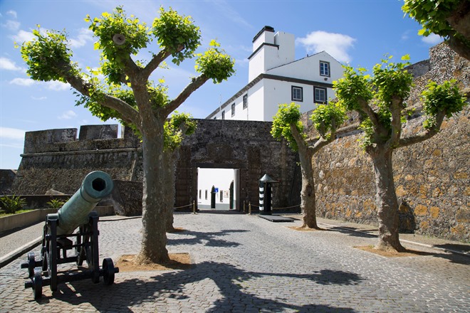 Entrance of historical fort with cannon in Ponta Delgada