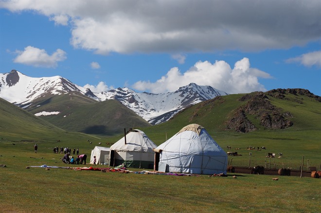 The ger camp in a large meadow at Song kul lake ,