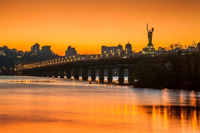 View of River Dnipro at sunset taken from the left bank