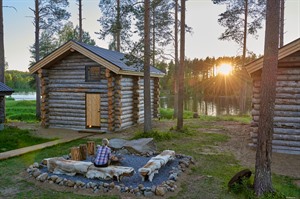 Arctic Retreat Log cabin and campfire area