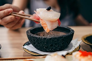 Fresh nigiri sushi with miso soup
