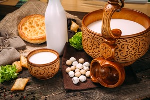 Kazakh national traditional cuisine kumys horse milk with sour cheese