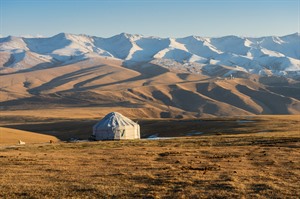 Kazakh yurt on the Silk Way in Kazakhstan mountains