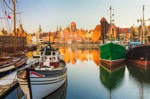 Morning view of boats and Gdansk Old Town