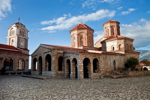 A view of an orthodox monastery St. Naum in Ohrid, North Macedonia