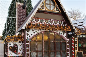 Gingerbread souvenir house and Christmas tree with decoration at Xmas