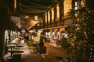 Narrow streets of Vilnius Old Town decorated for Christma